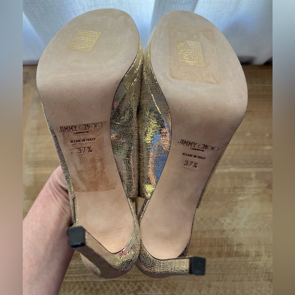 Jimmy Choo Nova Gold Peep Toe Slingback Heel in Women’s Size 37.5 - Picture 9 of 10
